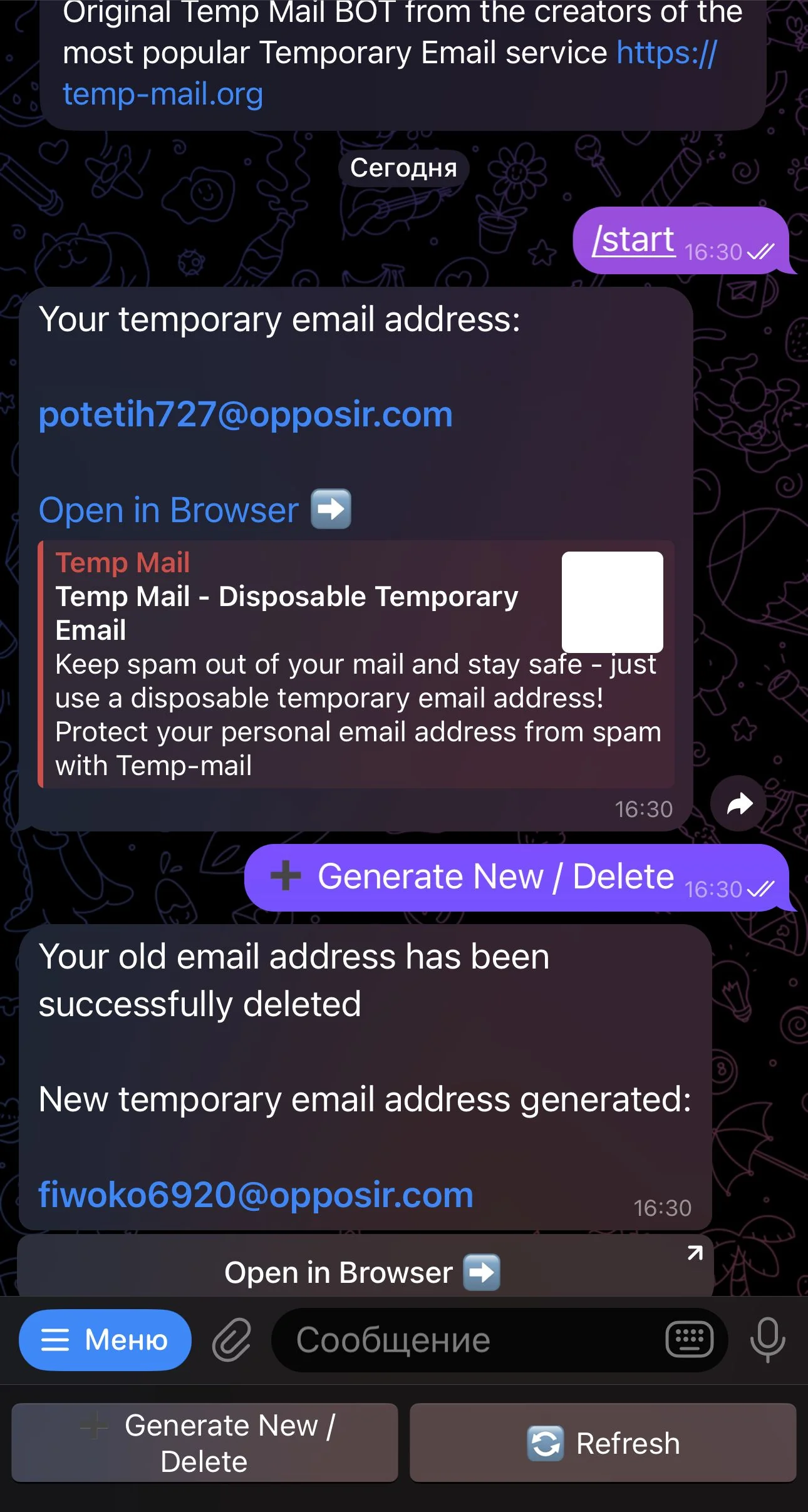 Temp Mail ✉️ Official Bot — Превью 1