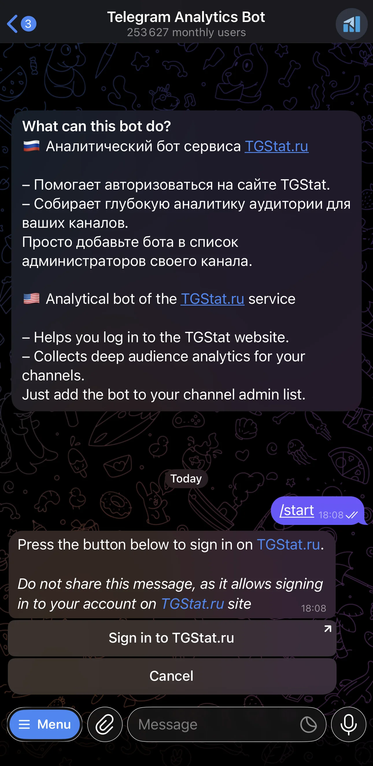 Telegram Analytics Bot — पूर्वावलोकन 1