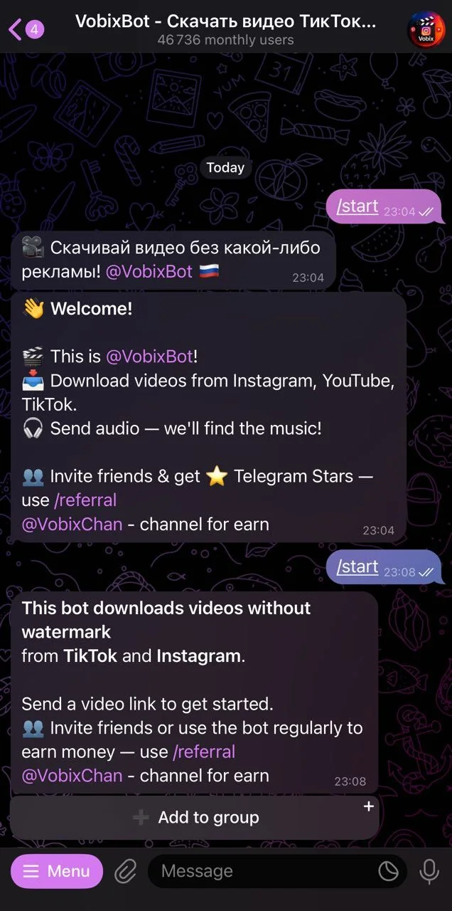 VobixBot - Download TikTok Instagram Videos — Aperçu 1